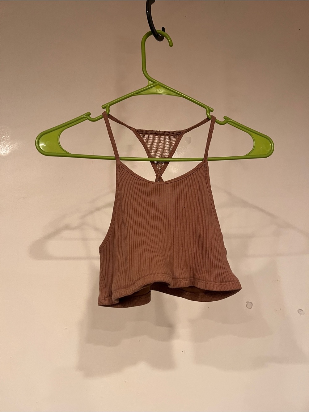 Ribbed Cropped Tank Top with Mesh Racerback in Brown